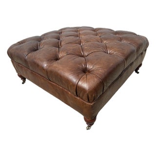 Handsome, Oversized Tufted Leather Ottoman in the Manner of Ralph Lauren For Sale