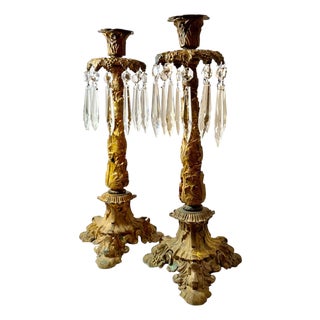 19th Century French Dore Bronze Candlesticks With Crystal Prisms - A Pair For Sale