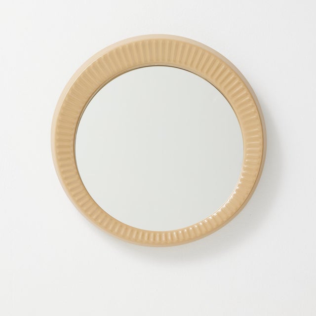 French Round Mirror with Beige Glazed Ceramic Frame, 1960s For Sale - Image 3 of 15