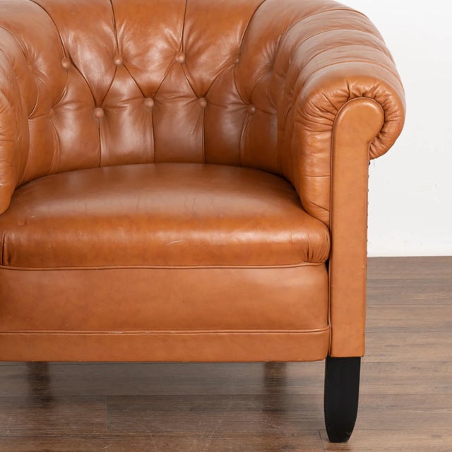 Pair, Vintage Brown Leather Barrel Back Arm Chairs, Denmark Circa 1940 For Sale - Image 6 of 13