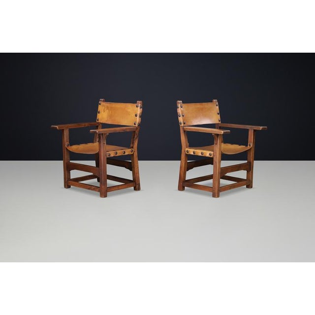 Spanish Beechwood Armchairs with Patinated Cognac Leather, 1950s, Set of 2 For Sale - Image 6 of 10