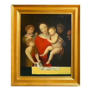 Satori Gregorakis 1990s Vintage Raphaelite Style Oil Painting of Madonna and Child