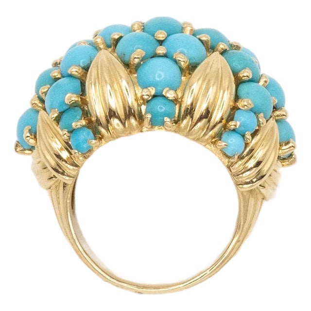 1960s Vintage 18k Yellow Gold Persian Turquoise Dome Ring, Size 5.75 For Sale