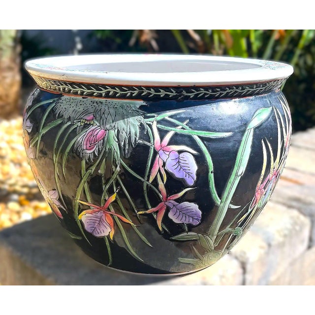 Vintage Chinese Porcelain Black Koi Fish Planter Bowl For Sale - Image 9 of 10