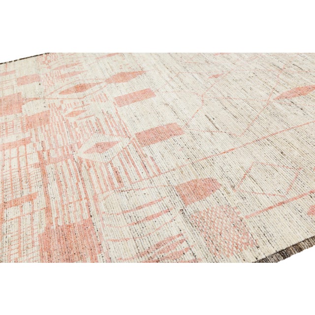 2020s Handmade Modern Moroccan Style Beige Wool Rug With Geometry Design For Sale - Image 5 of 11