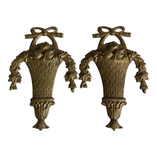 Vintage Brass Basket Wall Decor, Set of 2 For Sale