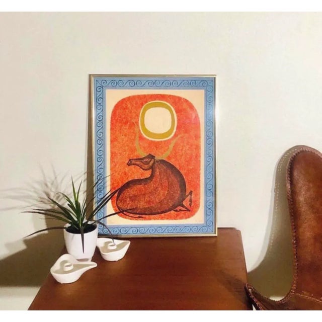 Fine Mid Century Modernist intaglio lithograph by Keith Llewellyn De Carlo (1925-1981). The image is of a Bull under an...