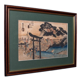 Antique Woodblock Landscape Picture, Japanese Art, Framed, Hiroshige, Victorian For Sale