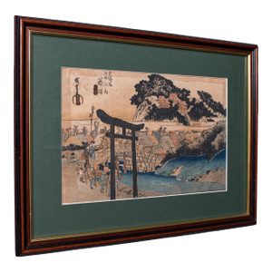 Antique Woodblock Landscape Picture, Japanese Art, Framed, Hiroshige, Victorian