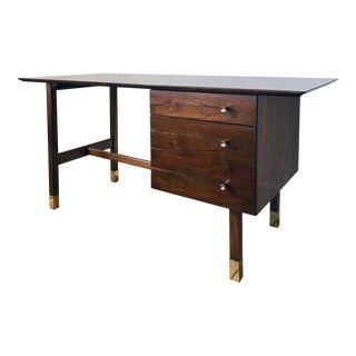 1950s Danish Modern Walnut + Brass Desk For Sale