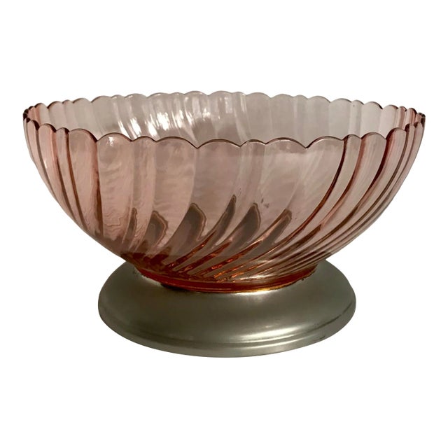 1980's Arcoroc French Pink Swirl Glass Bowl on Stand For Sale