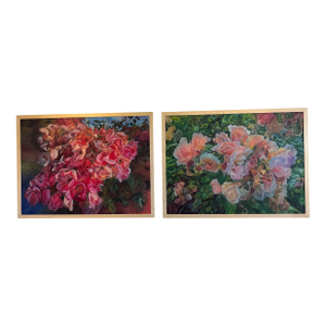 Large Scale Vibrant Floral Diptych Oil Painting on Board by Laura Peterson, Framed