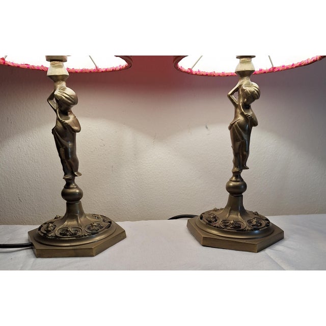 Vintage Table Lamps with Figurative Brass Base and Handmade Fabric Shade, 1960s, Set of 2 For Sale - Image 6 of 12