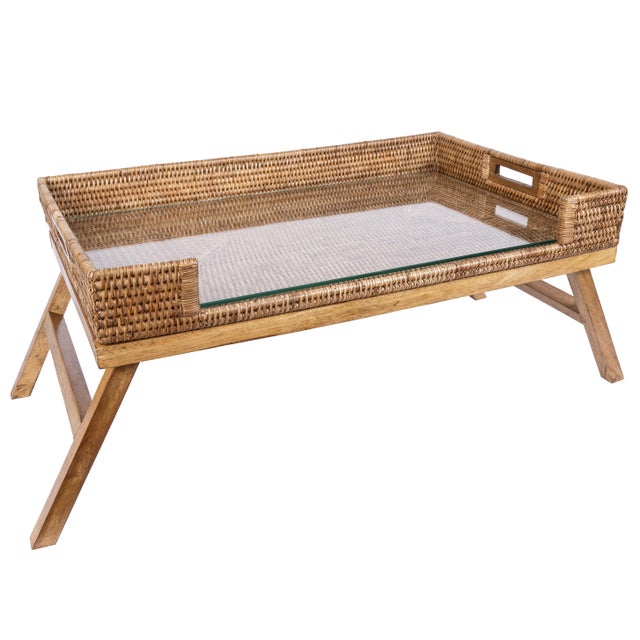Coastal Artifacts Rattan Breakfast Tray/Table in Honey Brown with Glass For Sale - Image 3 of 5
