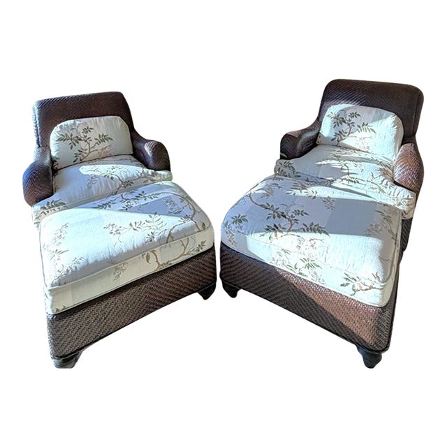 Rattan Wicker Lounge Chair and Ottoman by Hickory Chair in Colefax & Fowler by Mark Hampton For Sale
