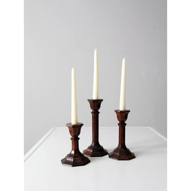 Farmhouse Vintage Wood Candlestick Holders Set of 3 For Sale - Image 3 of 11