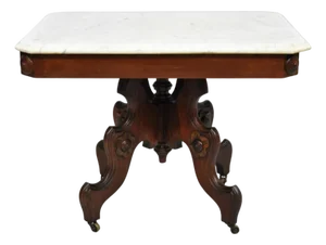 Antique Eastlake Victorian Small Marble Top Pedestal Base Coffee Table W/ Drawer