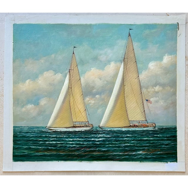 American Yacht Racing Sailing Seascape Oil Painting on Canvas, Unstretched, by D. Tayler For Sale - Image 3 of 6
