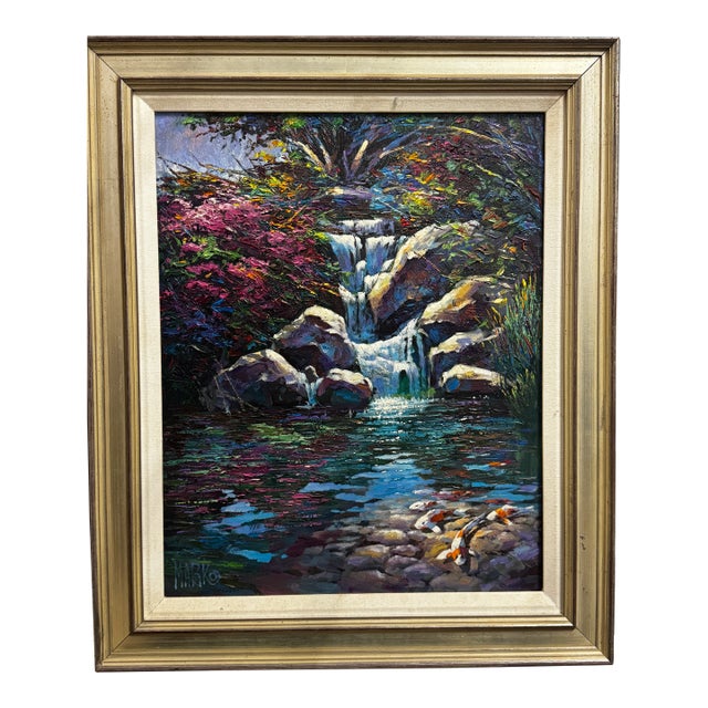 Marko Mavrovich (B. 1960) "Tranquil Koi Pond & Waterfall" Original Heavy Impasto Oil – Framed, 1996 For Sale