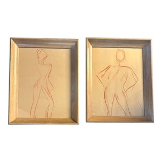 1940’s Two Original Abstract Sepia Figure Study Drawings- Set of Two For Sale