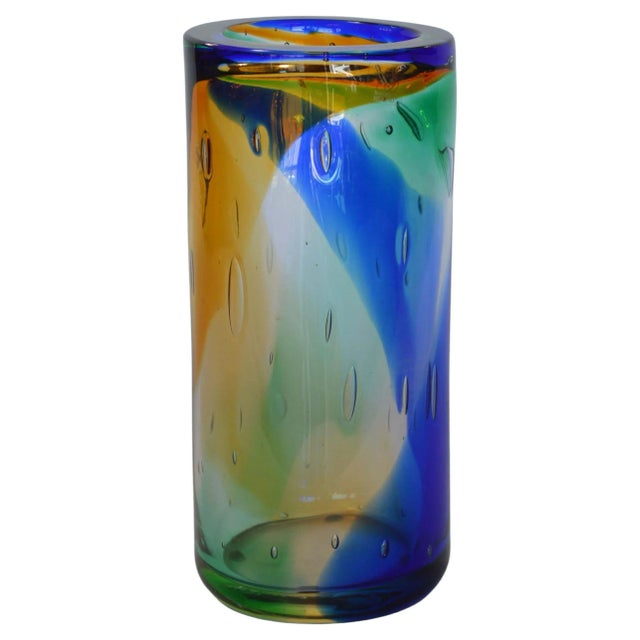 2000 - 2009 Murano Blue Amber Green Cylinder Vase by Camozzo For Sale - Image 5 of 5