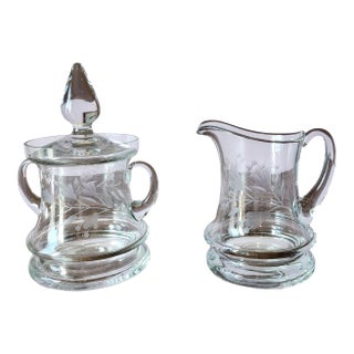 Vintage Krosno Poland Etched Crystal Larger Sized Lidded Sugar Bowl & Creamer, C1970s For Sale