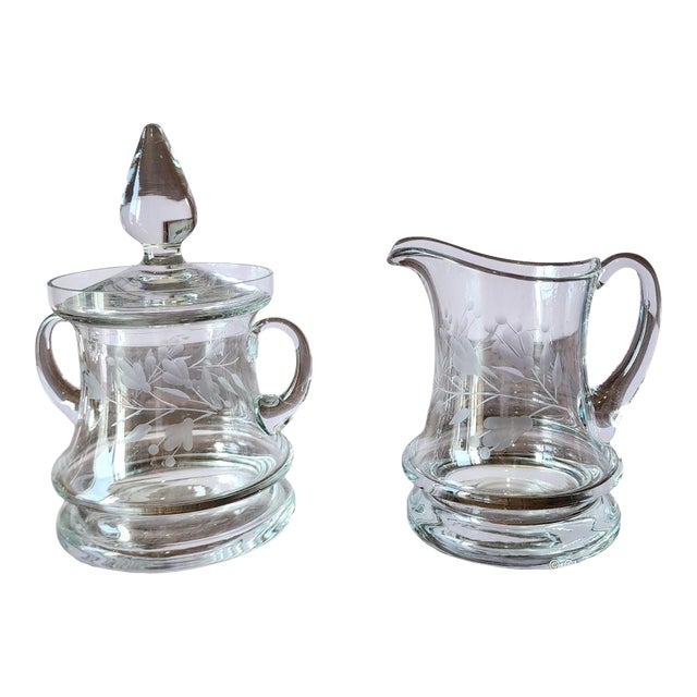Vintage Krosno Poland Etched Crystal Larger Sized Lidded Sugar Bowl & Creamer, C1970s For Sale