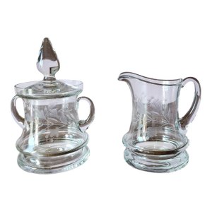 Vintage Krosno Poland Etched Crystal Larger Sized Lidded Sugar Bowl & Creamer, C1970s