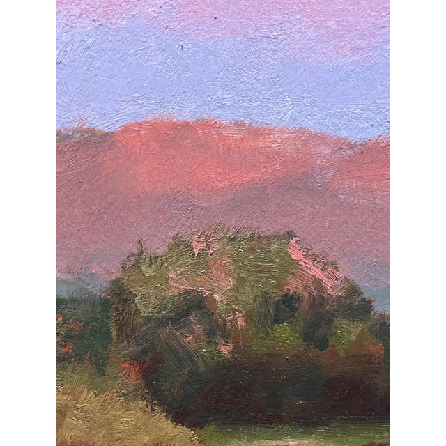 Heaven's Blossom by Warren Neary | Oil on board Landscape with pink clouds over a field and river. For Sale - Image 4 of 5