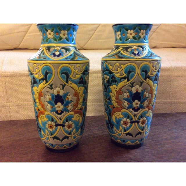 19th Century French Enameled Longwy Vases - a Pair For Sale - Image 9 of 12