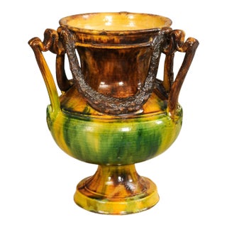 French Classical 19th Century Anduze Multi-Colored Glazed Vase with Swag Motifs For Sale