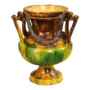French Classical 19th Century Anduze Multi-Colored Glazed Vase with Swag Motifs