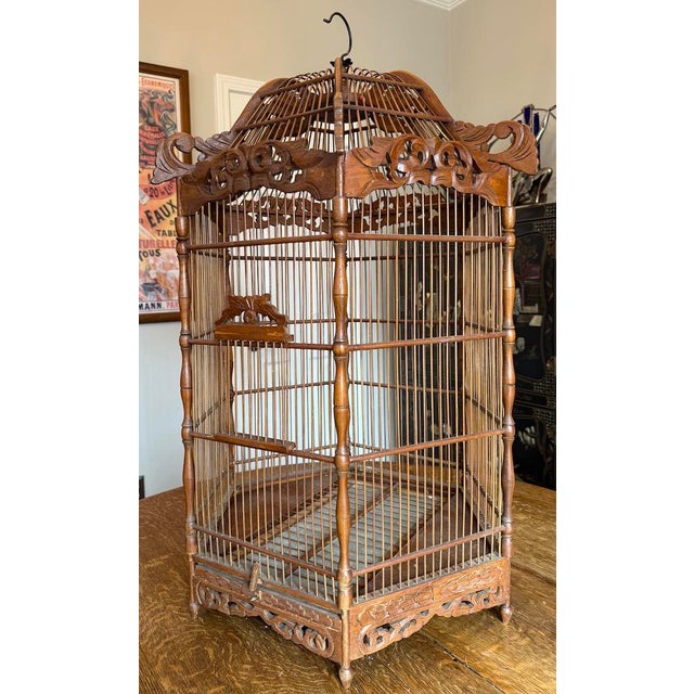 Beautiful Decorative Large Antique Wooden Ornate Pagoda Style Bird Cage For Sale - Image 4 of 18