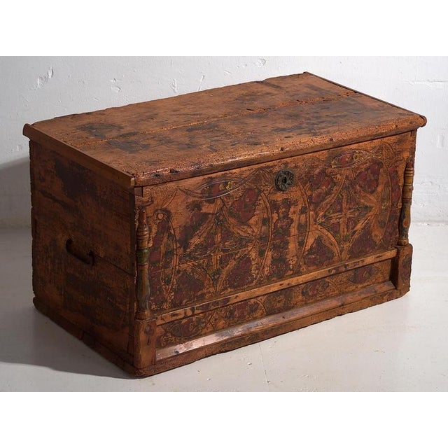 Wood Antique Brown Trunk with Floral Motifs, 1920s For Sale - Image 7 of 18