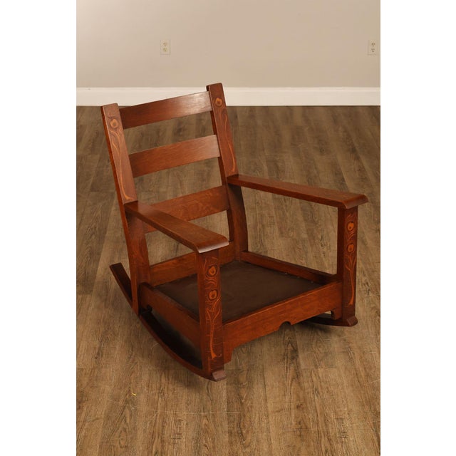 Stickley Brothers Early Rare Antique Stickley Brothers Arts And Crafts Inlaid Peacock Rocking Chair For Sale - Image 4 of 18