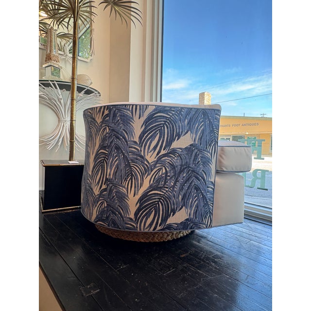 Blue Vintage Pair Swivel Chairs Seagrass Base Blue & White Palm Beach New Upholstery For Sale - Image 8 of 13