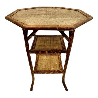 Vintage Three-Tiered Scorched Bamboo and Rattan Octagonal Side Table For Sale