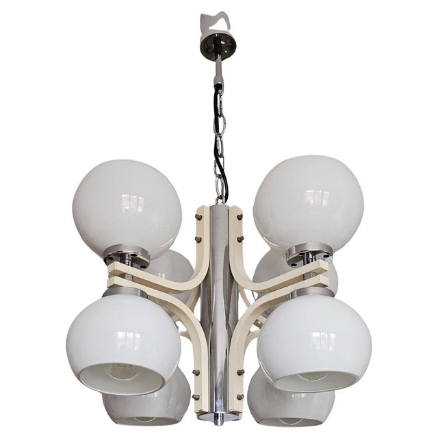 Space Age Eight-Light Chandelier with While Glass Shades, 1970s For Sale - Image 15 of 15