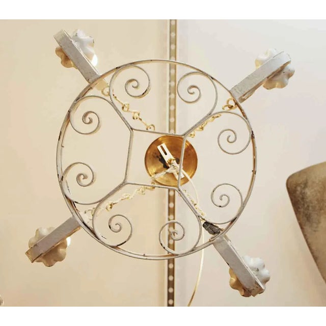 Wrought Iron Arts & Crafts Four Light White Chandelier For Sale - Image 4 of 6
