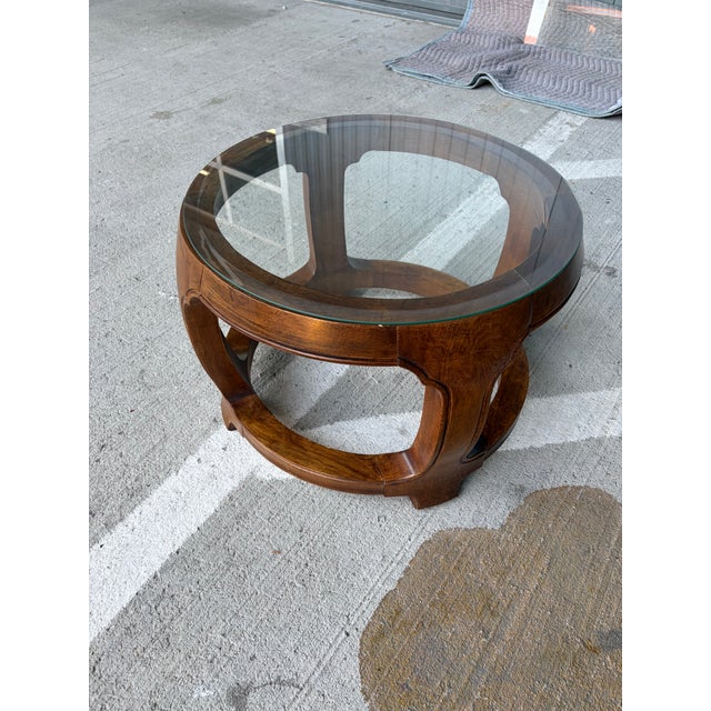 Wood Vintage Thomasville Sculptural Round Walnut Coffee Table With Glass Top For Sale - Image 7 of 7
