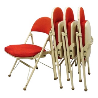 Mid 20th Century Vintage American Seating Metal Frame Red Upholstered Folding Chairs - Set of 4 For Sale