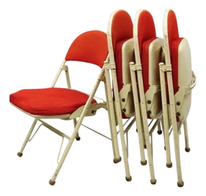 Mid 20th Century Vintage American Seating Metal Frame Red Upholstered Folding Chairs - Set of 4