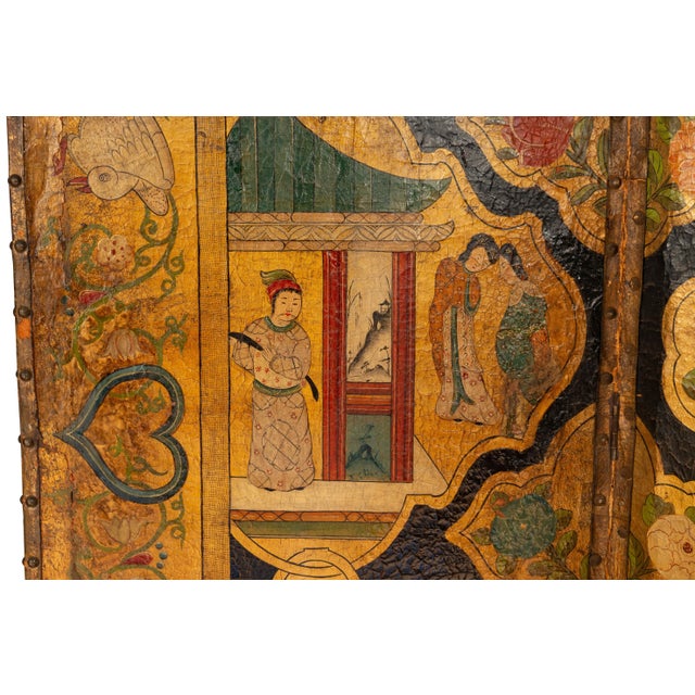 Dutch Four Panel Chinoiserie Decorated Leather Screen For Sale - Image 10 of 13