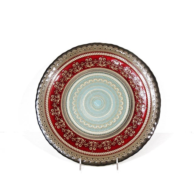 A richly ornamented Turkish decorative plate in saturated red, pale turquoise, and luminous gold, with the kind of layered...