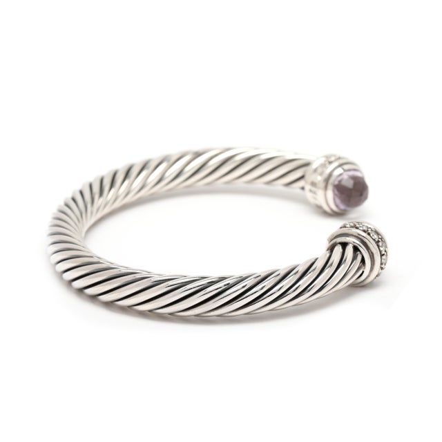 Modern David Yurman Diamond & Rose De France Cable Cuff Bracelet, Sterling Silver For Sale - Image 3 of 7
