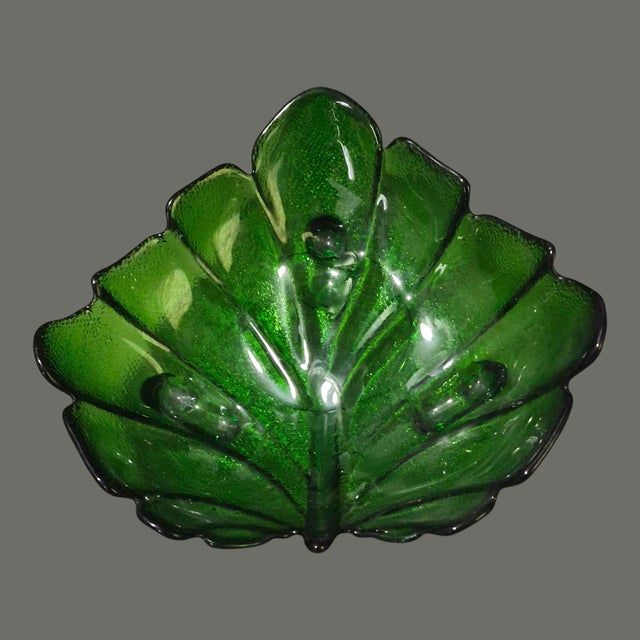 Contemporary Vintage Forest Green Glass Leaf Shaped Footed Candy Dish For Sale - Image 3 of 6