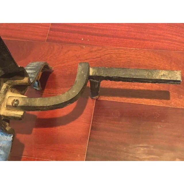 Antique Mission Arts Crafts Enameled Cast Iron Brass Industrial Hammered Fireplace Andiron Set For Sale In Sacramento - Image 6 of 7