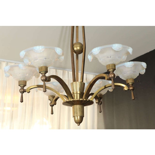 Atelier Petitot Vintage Petitot Brass Chandelier With Waterfall Opaline Shades For Sale - Image 4 of 9