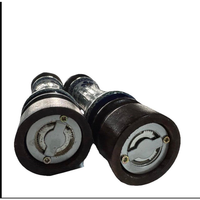 Folk Art Ceramic Salt and Pepper Mill Hand Painted Unilateral Polish Dark Brown Wood 8.5” Set For Sale - Image 3 of 4
