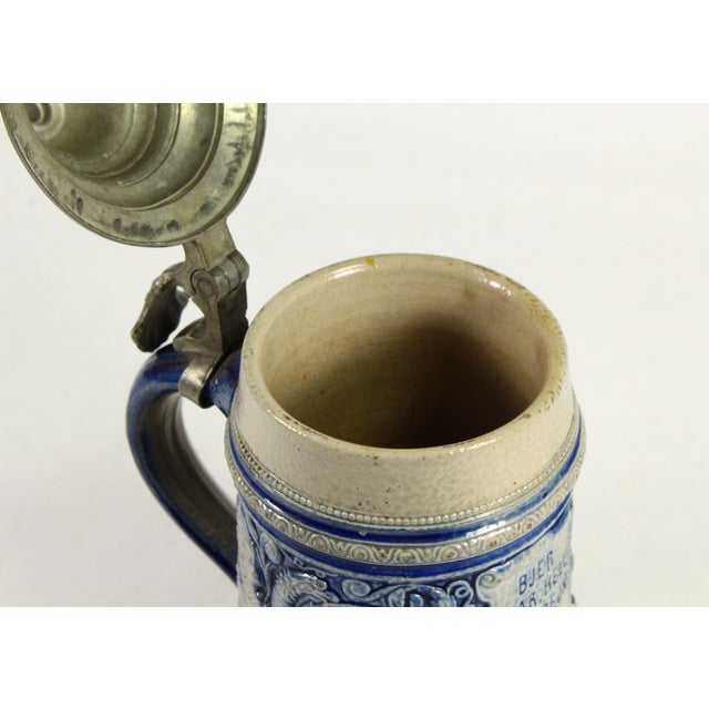 1880's Blue on Gray Stoneware Beer Stein With Pewter Lid 0.5l Westerwald Germany For Sale - Image 11 of 14